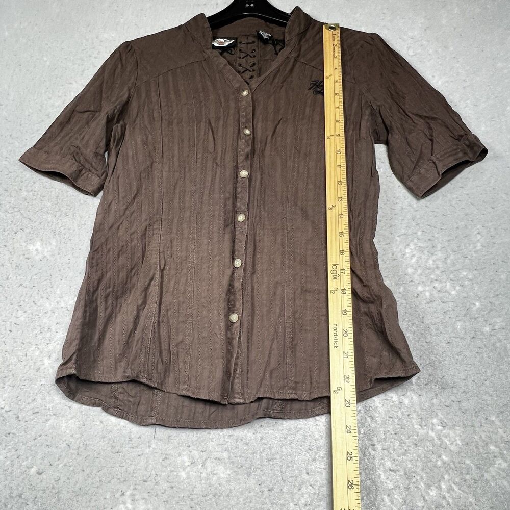 Harley Davidson Shirt Women Small Dark Brown Lace Up Back Button Up Embroidered - Picture 7 of 11